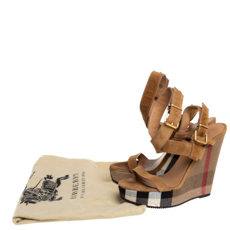 Pre Owned Burberry Brown Suede Criss Cross Strappy Platform Ankle Strap Sandals Size 39.5