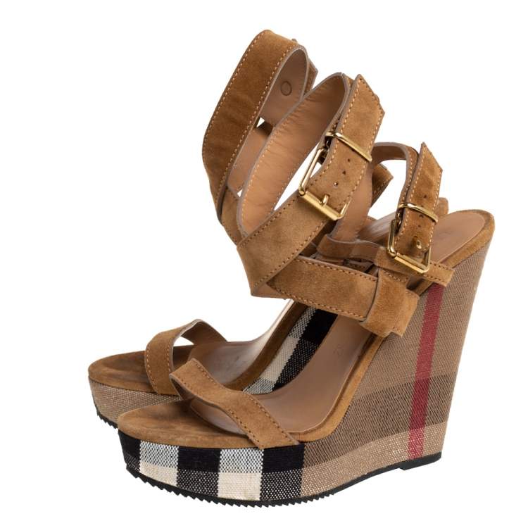 Pre Owned Burberry Brown Suede Criss Cross Strappy Platform Ankle Strap Sandals Size 39.5