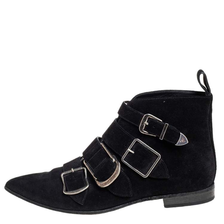 Pre Owned Burberry Black Suede Milner Buckle Detail Ankle Boots Size 39.5