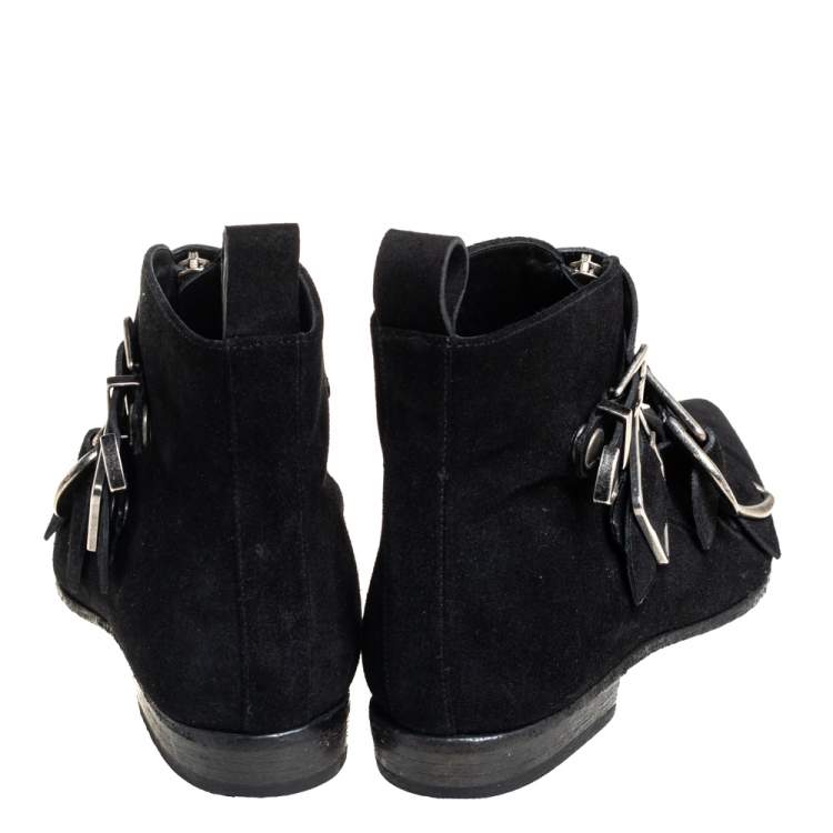 Pre Owned Burberry Black Suede Milner Buckle Detail Ankle Boots Size 39.5