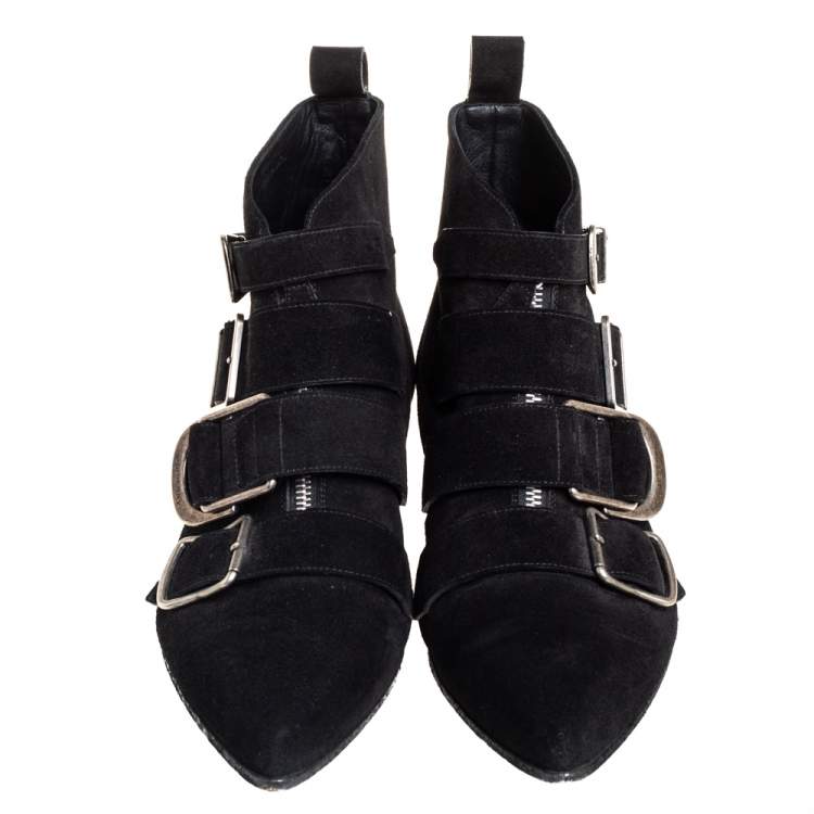 Pre Owned Burberry Black Suede Milner Buckle Detail Ankle Boots Size 39.5