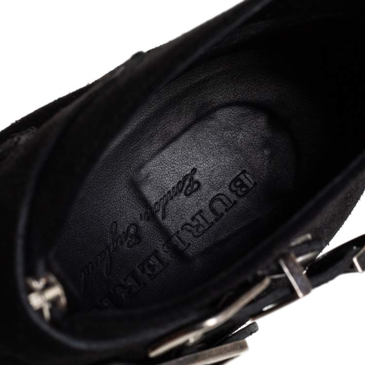 Pre Owned Burberry Black Suede Milner Buckle Detail Ankle Boots Size 39.5