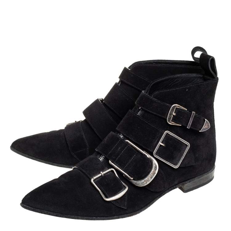 Pre Owned Burberry Black Suede Milner Buckle Detail Ankle Boots Size 39.5