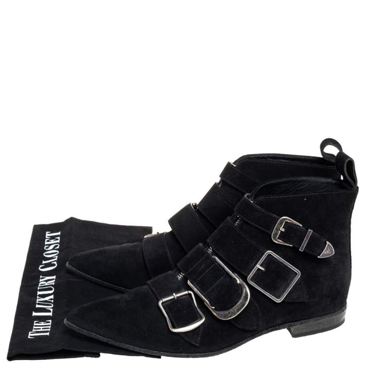 Pre Owned Burberry Black Suede Milner Buckle Detail Ankle Boots Size 39.5