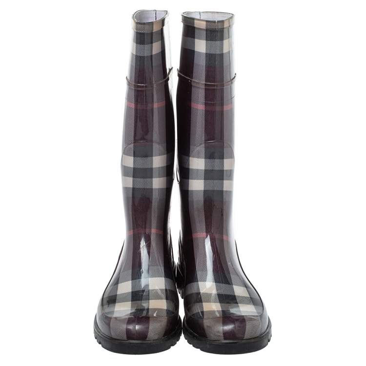 Pre Owned Burberry Burgundy Novacheck Rubber Rain Boots Size 41