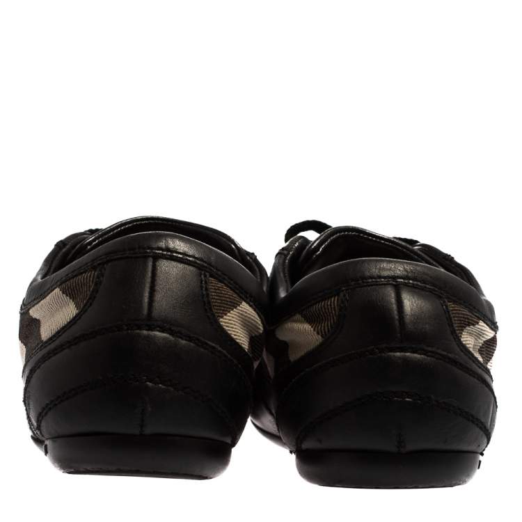 Pre Owned Burberry Black Leather And Check Canvas Low Top Sneakers Size 37