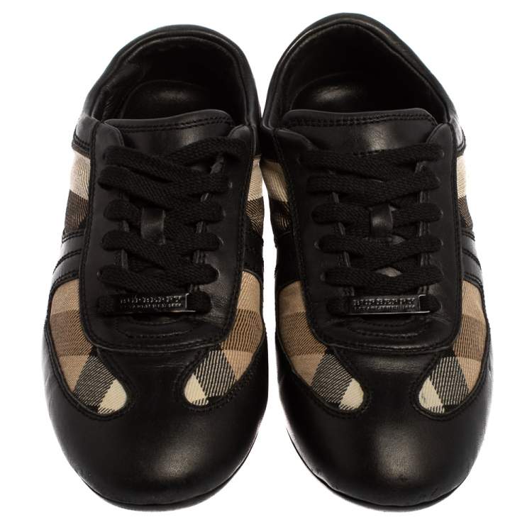 Pre Owned Burberry Black Leather And Check Canvas Low Top Sneakers Size 37