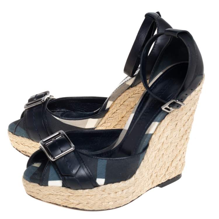 Pre Owned Burberry Black Leather And Canvas Espadrille Wedge Sandals Size 36