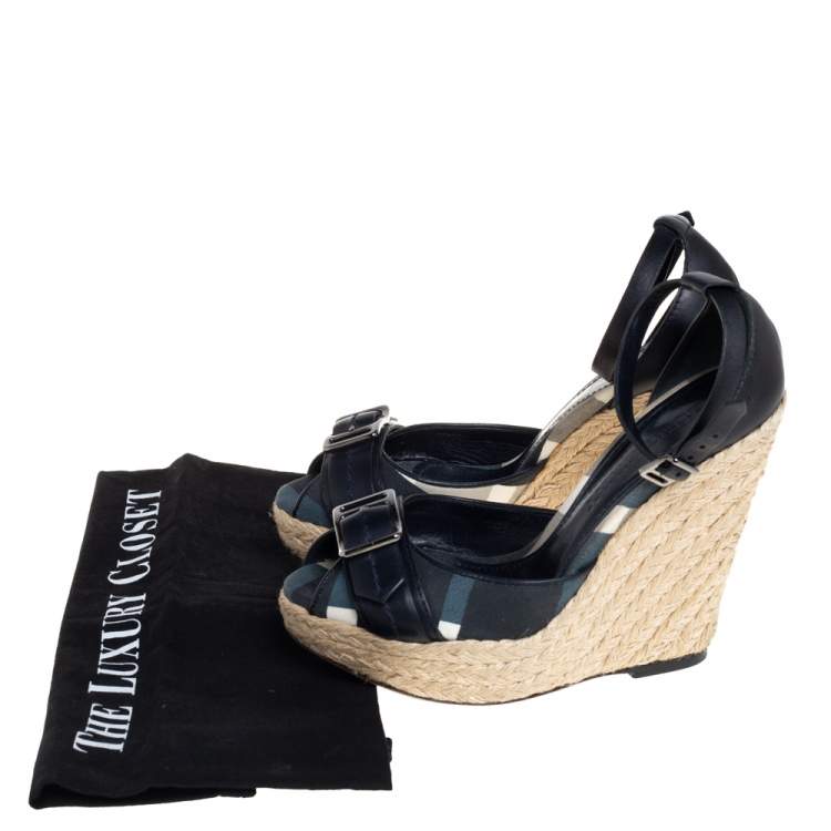 Pre Owned Burberry Black Leather And Canvas Espadrille Wedge Sandals Size 36