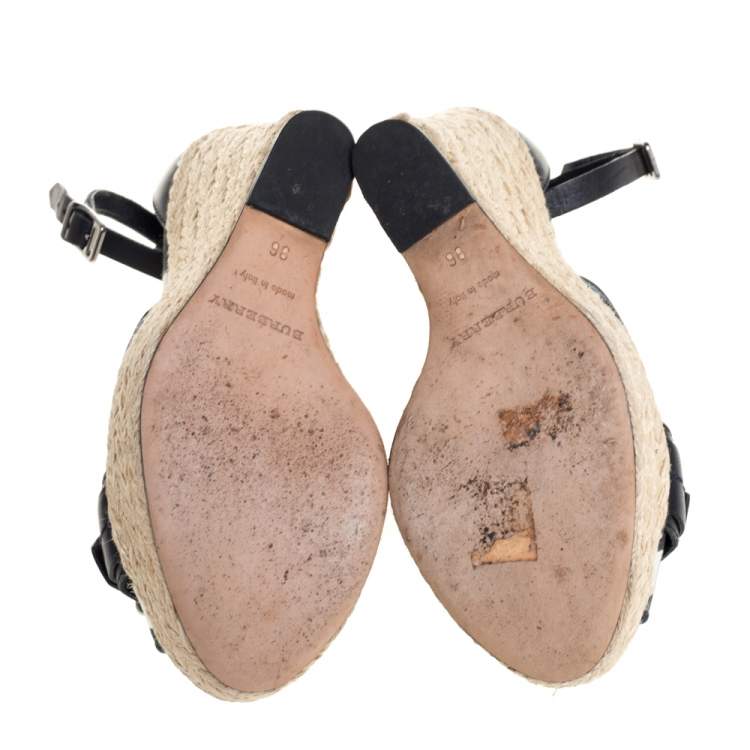 Pre Owned Burberry Black Leather And Canvas Espadrille Wedge Sandals Size 36