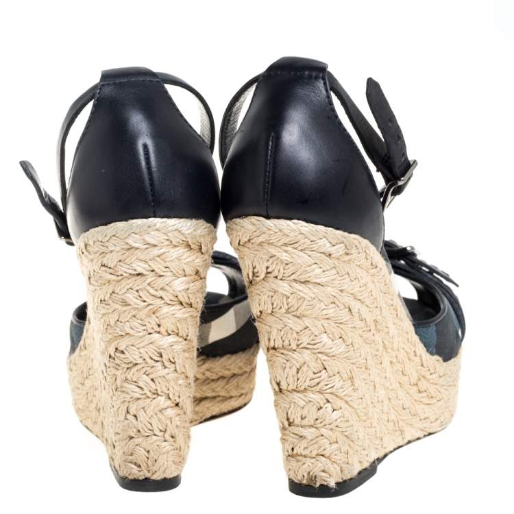 Pre Owned Burberry Black Leather And Canvas Espadrille Wedge Sandals Size 36