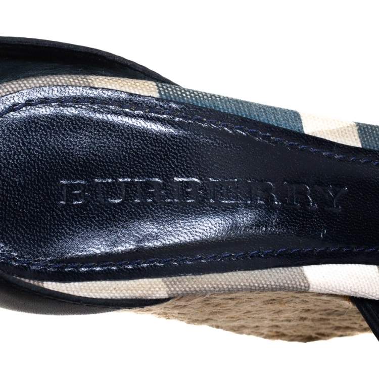 Pre Owned Burberry Black Leather And Canvas Espadrille Wedge Sandals Size 36