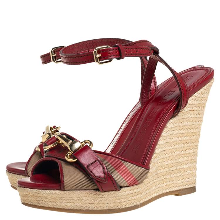 Pre Owned Burberry Red Leather And House Check Canvas Tenbury Ankle Strap Wedge Platform Sandals Size 35