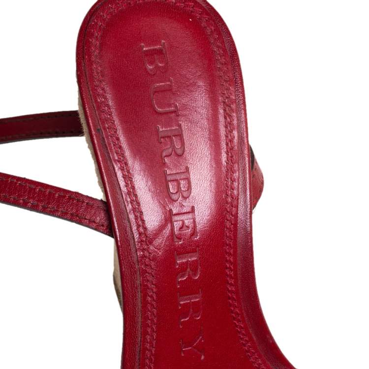 Pre Owned Burberry Red Leather And House Check Canvas Tenbury Ankle Strap Wedge Platform Sandals Size 35