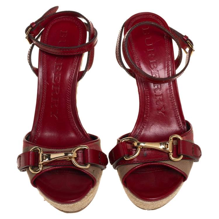 Pre Owned Burberry Red Leather And House Check Canvas Tenbury Ankle Strap Wedge Platform Sandals Size 35