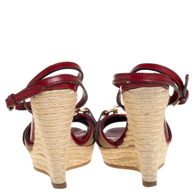 Pre Owned Burberry Red Leather And House Check Canvas Tenbury Ankle Strap Wedge Platform Sandals Size 35