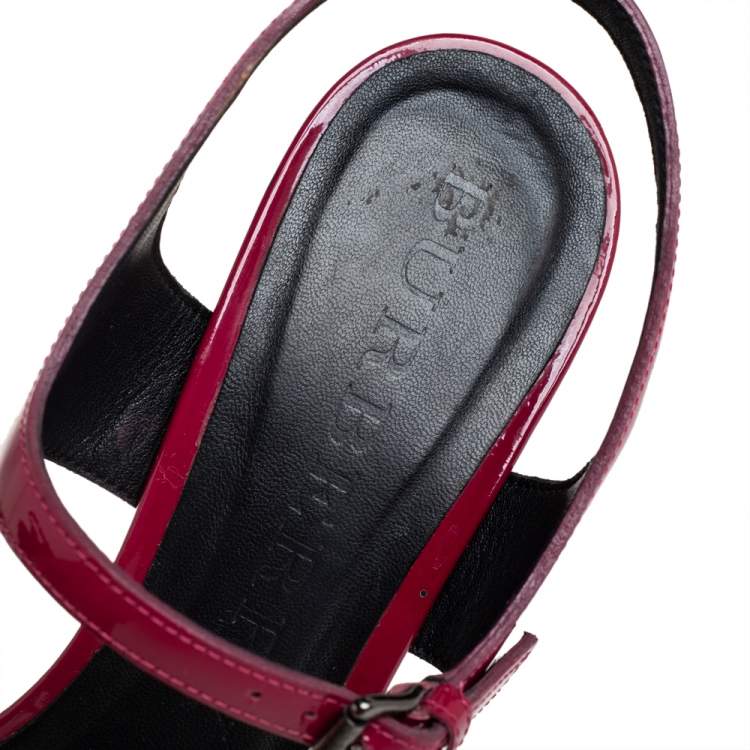 Pre Owned Burberry Pink Patent Leather And Nova Check Canvas Wedge Espadrille Sandals Size 39