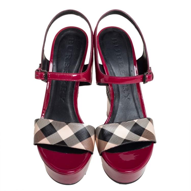 Pre Owned Burberry Pink Patent Leather And Nova Check Canvas Wedge Espadrille Sandals Size 39