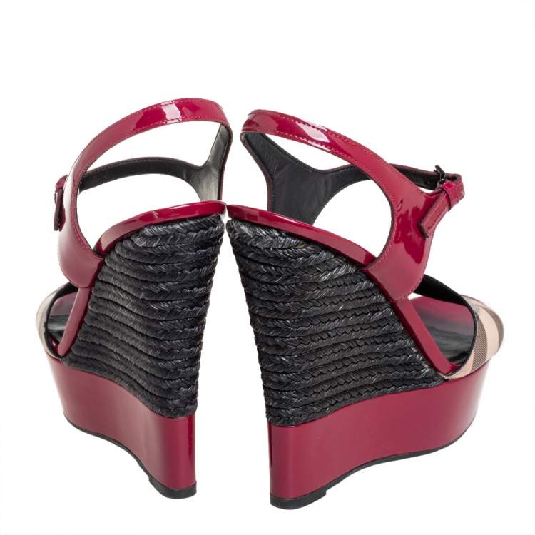 Pre Owned Burberry Pink Patent Leather And Nova Check Canvas Wedge Espadrille Sandals Size 39