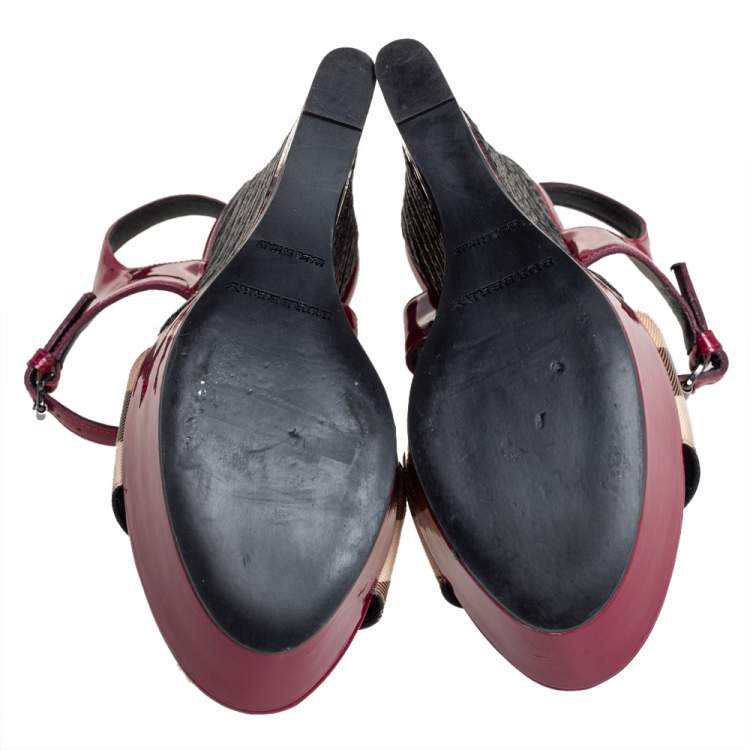 Pre Owned Burberry Pink Patent Leather And Nova Check Canvas Wedge Espadrille Sandals Size 39