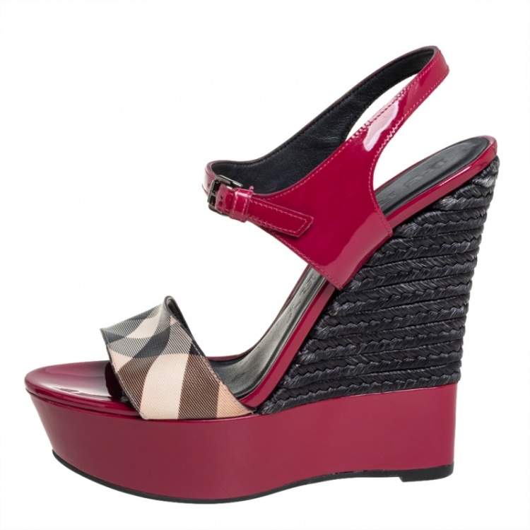Pre Owned Burberry Pink Patent Leather And Nova Check Canvas Wedge Espadrille Sandals Size 39