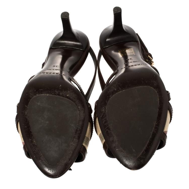 Pre Owned Burberry Brown Nova Check Canvas And Leather Slingback Sandals Size 36