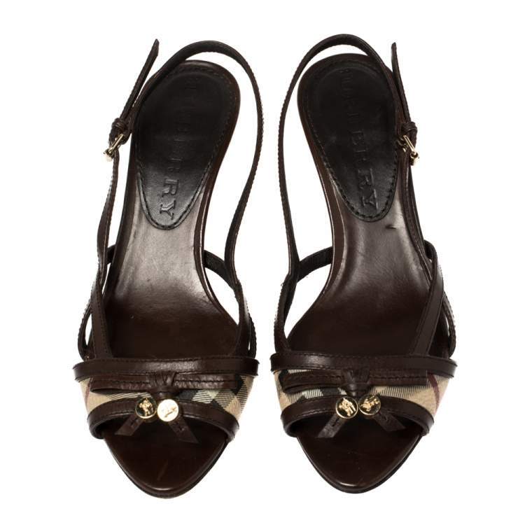 Pre Owned Burberry Brown Nova Check Canvas And Leather Slingback Sandals Size 36