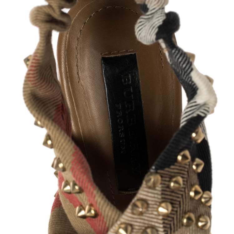 Pre Owned Burberry Multicolor Nova Check Cross Strap Canvas Spike Studded Sandals Size 36