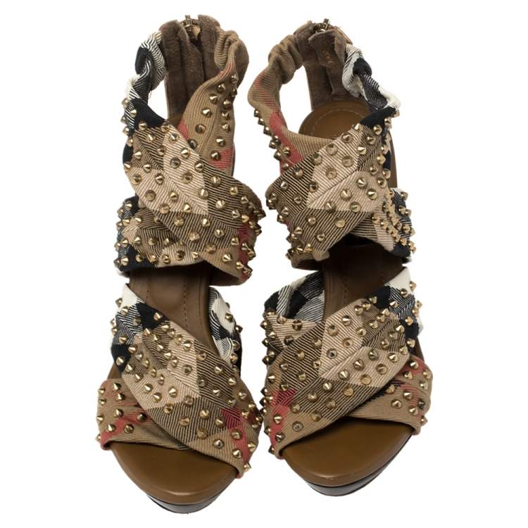 Pre Owned Burberry Multicolor Nova Check Cross Strap Canvas Spike Studded Sandals Size 36
