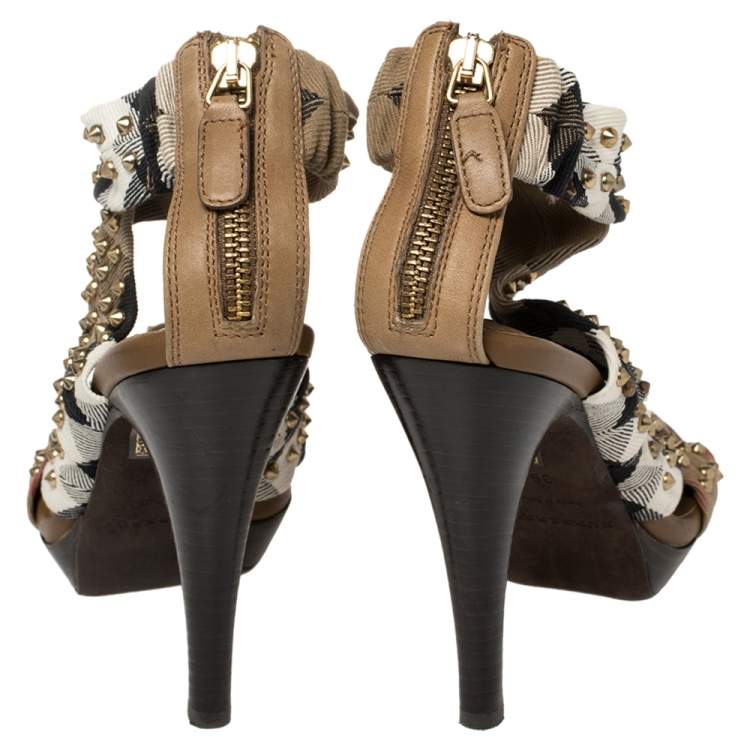 Pre Owned Burberry Multicolor Nova Check Cross Strap Canvas Spike Studded Sandals Size 36