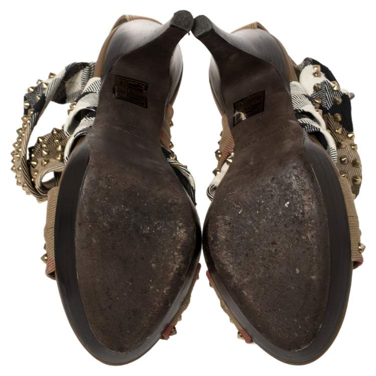 Pre Owned Burberry Multicolor Nova Check Cross Strap Canvas Spike Studded Sandals Size 36