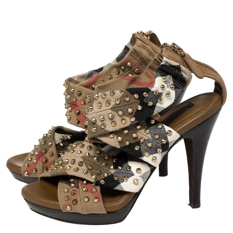 Pre Owned Burberry Multicolor Nova Check Cross Strap Canvas Spike Studded Sandals Size 36