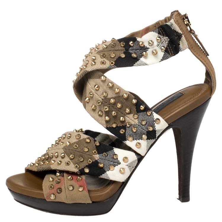 Pre Owned Burberry Multicolor Nova Check Cross Strap Canvas Spike Studded Sandals Size 36
