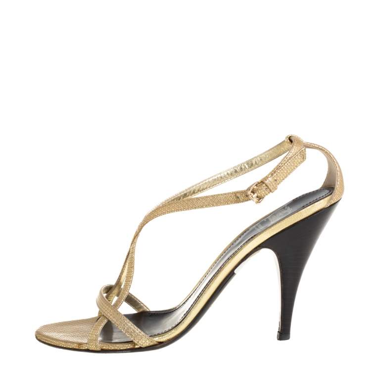 Pre Owned Burberry Gold Textured Leather Criss Cross Ankle Strap Sandals Size 38
