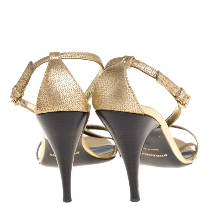 Pre Owned Burberry Gold Textured Leather Criss Cross Ankle Strap Sandals Size 38
