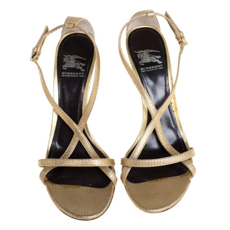 Pre Owned Burberry Gold Textured Leather Criss Cross Ankle Strap Sandals Size 38