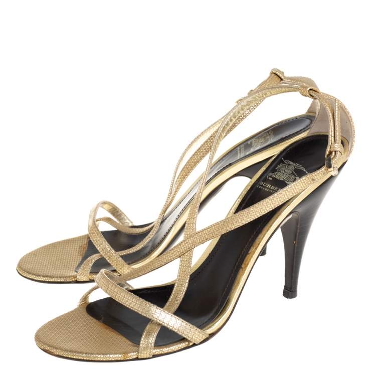 Pre Owned Burberry Gold Textured Leather Criss Cross Ankle Strap Sandals Size 38