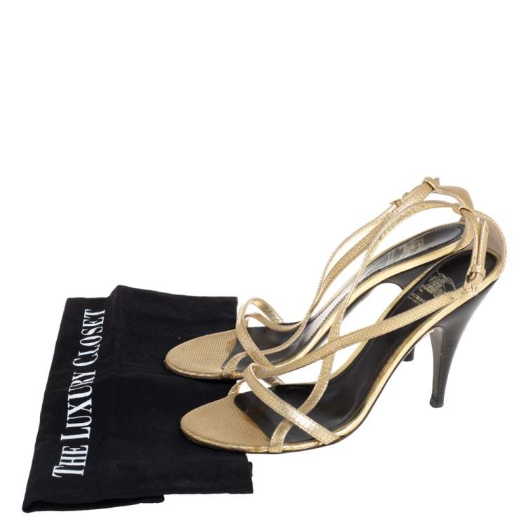 Pre Owned Burberry Gold Textured Leather Criss Cross Ankle Strap Sandals Size 38