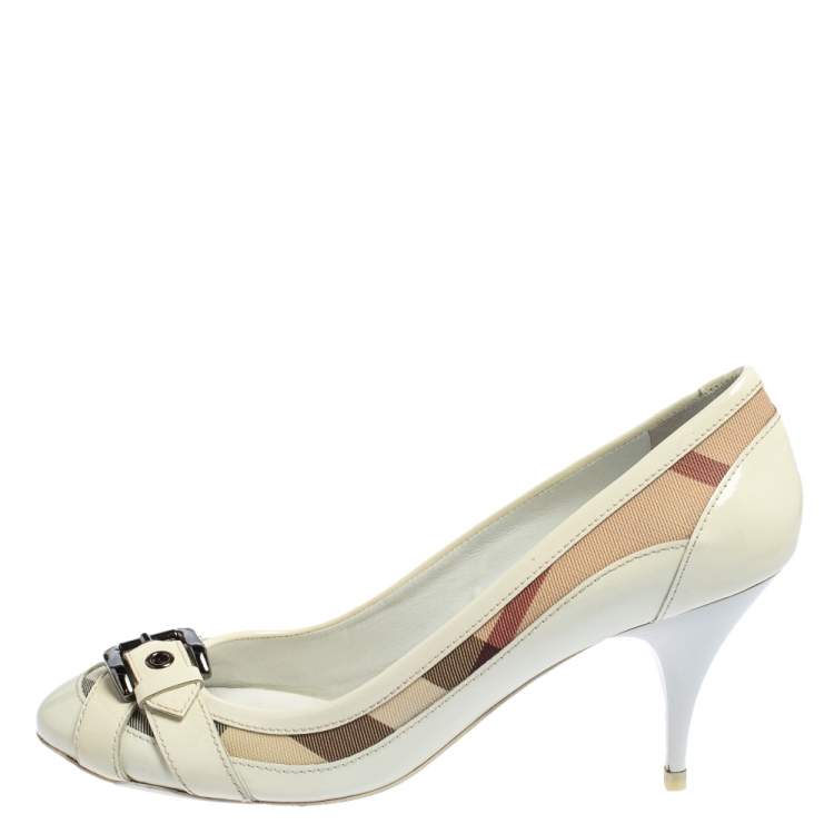 Pre Owned Burberry White Patent Leather And Nova Check Canvas Buckle Detail Pumps Size 39