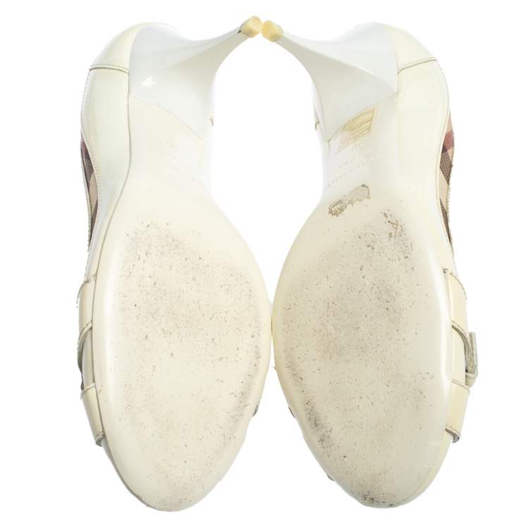 Pre Owned Burberry White Patent Leather And Nova Check Canvas Buckle Detail Pumps Size 39