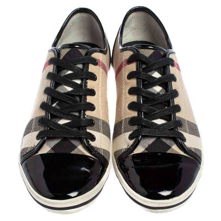 Pre Owned Burberry Beige/Black Novacheck Canvas And Leather Cap Toe Low Top Sneakers Size 39