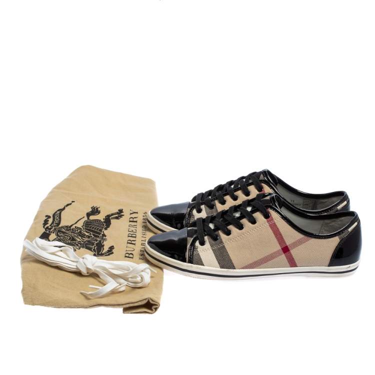 Pre Owned Burberry Beige/Black Novacheck Canvas And Leather Cap Toe Low Top Sneakers Size 39