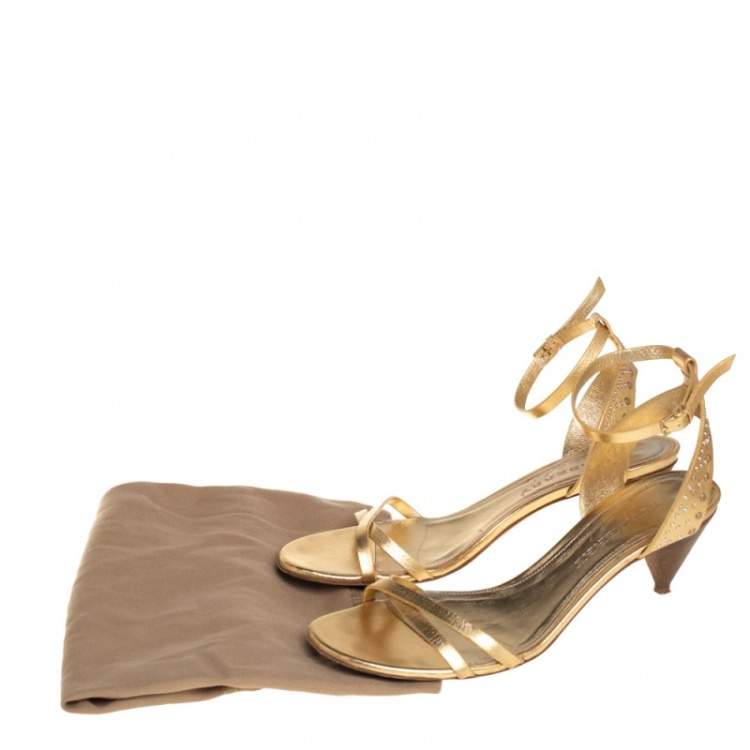 Pre Owned Burberry Gold Leather Ankle Strap Crisscross  Sandals Size 39.5