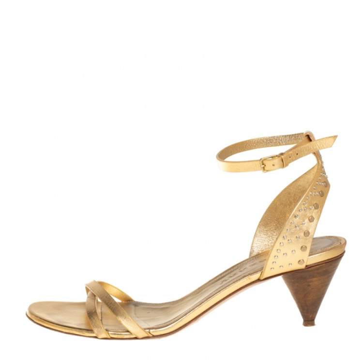 Pre Owned Burberry Gold Leather Ankle Strap Crisscross  Sandals Size 39.5