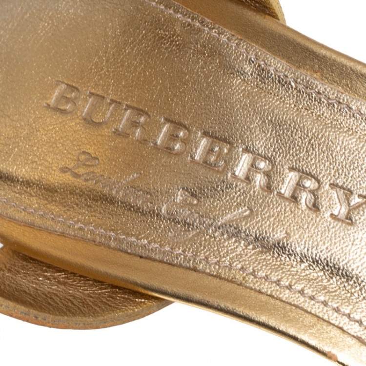 Pre Owned Burberry Gold Leather Ankle Strap Crisscross  Sandals Size 39.5