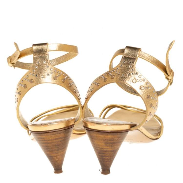 Pre Owned Burberry Gold Leather Ankle Strap Crisscross  Sandals Size 39.5