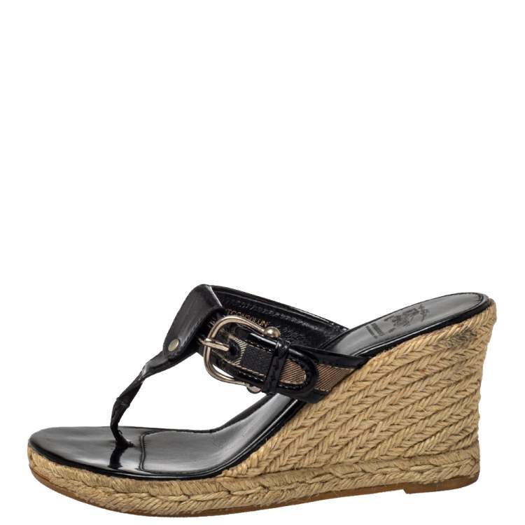 Pre Owned Burberry Black Novacheck Canvas Espadrille Thong Wedge Sandals Size 37