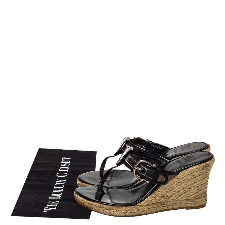Pre Owned Burberry Black Novacheck Canvas Espadrille Thong Wedge Sandals Size 37