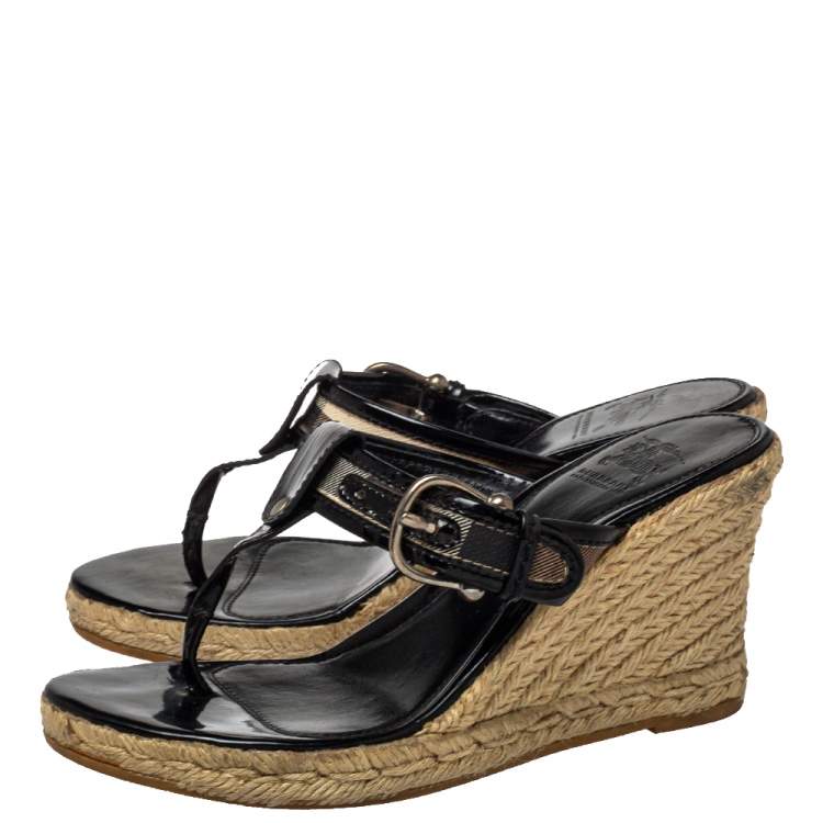 Pre Owned Burberry Black Novacheck Canvas Espadrille Thong Wedge Sandals Size 37