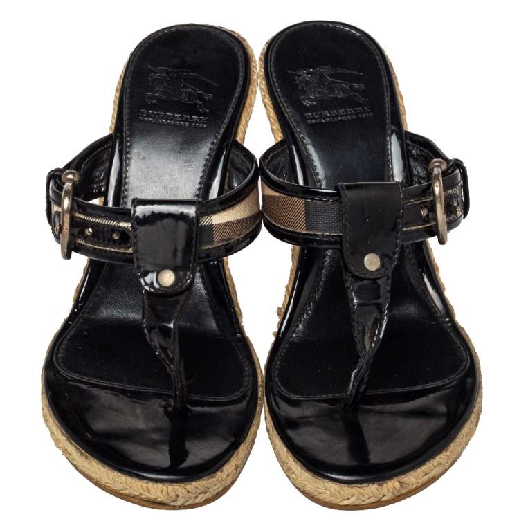 Pre Owned Burberry Black Novacheck Canvas Espadrille Thong Wedge Sandals Size 37